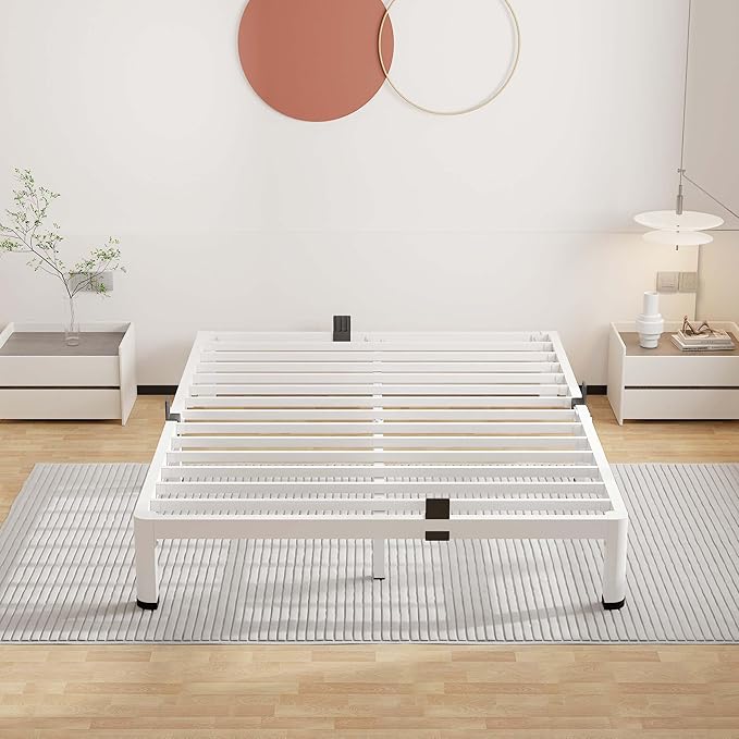 ROIL 7 Inch White Full Bed Frame with Rounded Corner and Mattress Retainers, 3500LBS Heavy Duty Steel Slats No Box Spring Needed Platform Noise-Free Easy Assembly