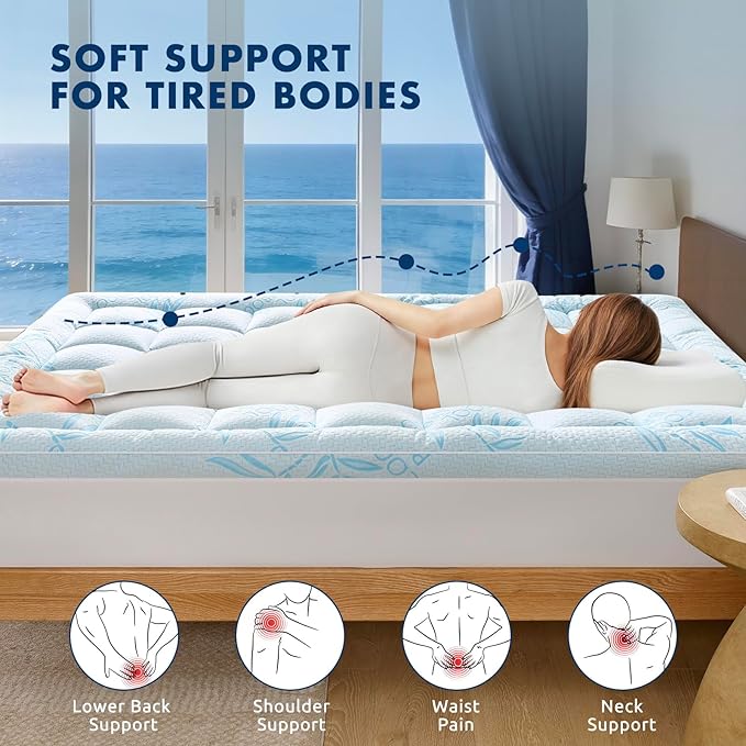 Queen Mattress Topper Viscose Derived from Bamboo,Breathable and Soft Extra Thick Pillow Top Mattress Pad Cover for Back Pain, Deep Pocket Fits 7–21 Inch Mattress (60"x80",Blue)