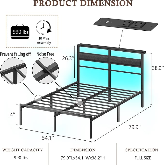 OURPIC Full Size Bed Frame with Headboard, Bed Frame Full Size with LED Light and Charging Station, Black Metal Platform Bedframe and Storage Shelf, No Box Spring Needed, Noise Free