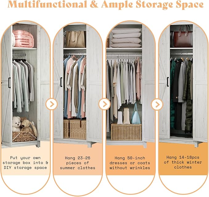 AMERLIFE Set of 2 Farmhouse Armoire Wardrobe Closet with 2 Barn Doors, 70'' Storage Cabinet with Shelf & Hanging Rod, Versatile Clothing Storage for Bedroom, White