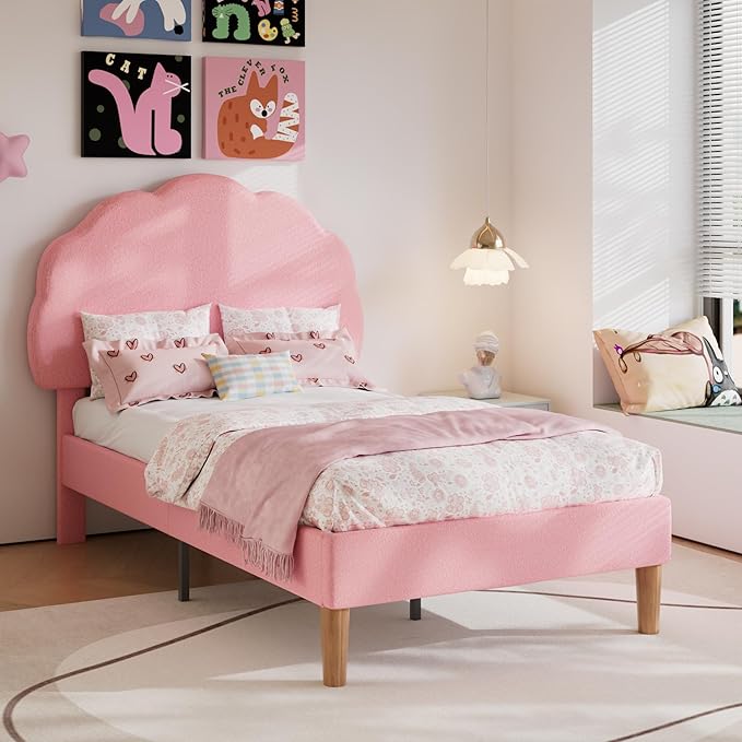 VECELO Twin Size Bed Frame, Upholstered Platform Bedframe with Height Adjustable Plush Fabric Headboard, Strong Wood Slat Supports, No Box Spring Needed, Pink