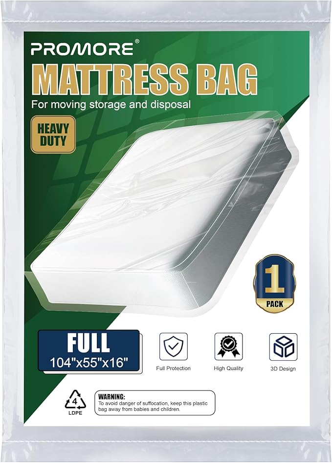 Mattress Bag for Moving and Storage - Full Size, 3Mil Heavy Duty, Waterproof Plastic Mattress Protector Cover