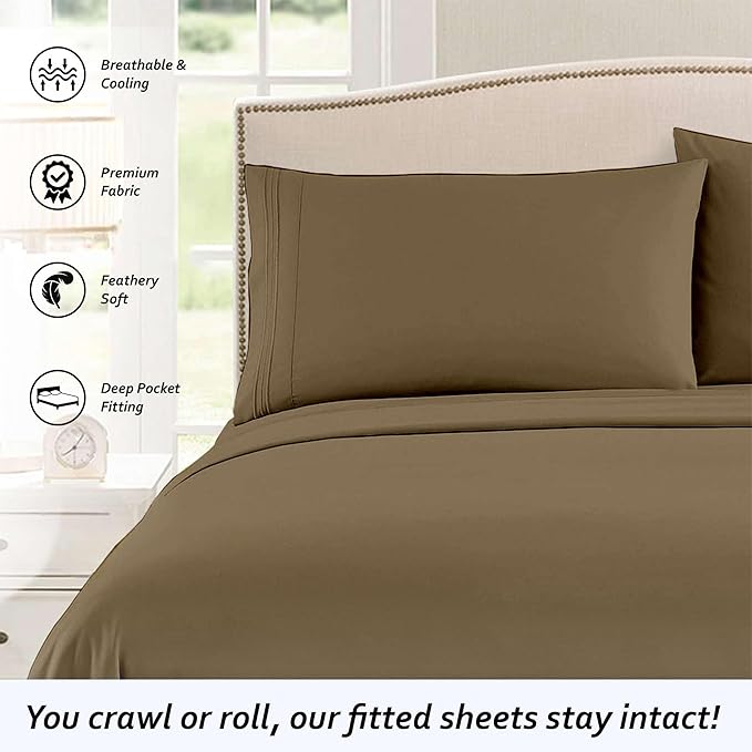 Short Queen RV Camper Sheet Set (60x75) – 100% Egyptian Cotton, Soft & Cooling, 16” Deep Pocket Fitted Sheet, Luxury Hotel Quality Bedding for RVs, Campers & Motorhomes (Taupe Solid)