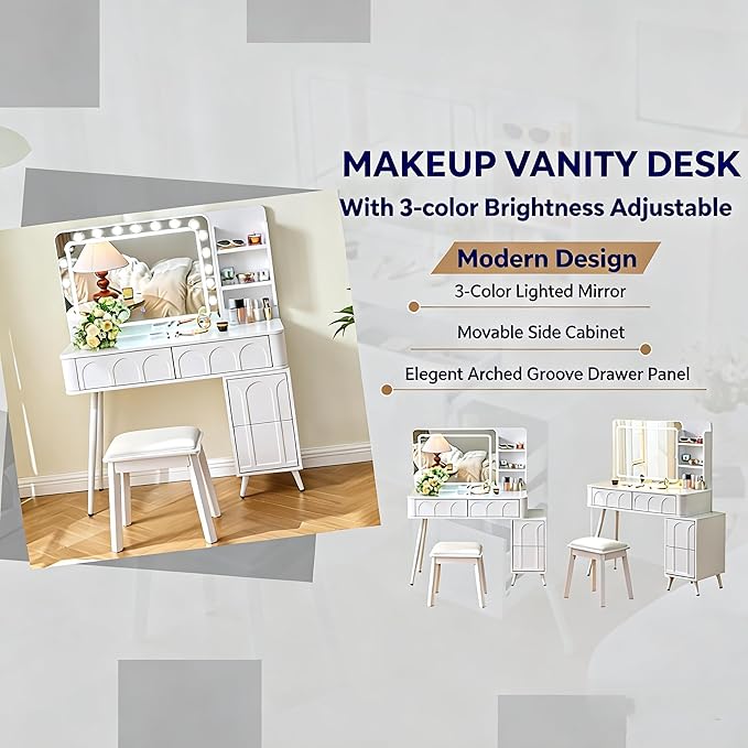 Casaphoria Makeup Vanity Desk with LED Lights & Mirror, 45.5" Dressing Table Set with 4 Drawers and Stool | White Bedroom Makeup Table with Dimmable Brightness, Space-Saving Design for Women & Teens