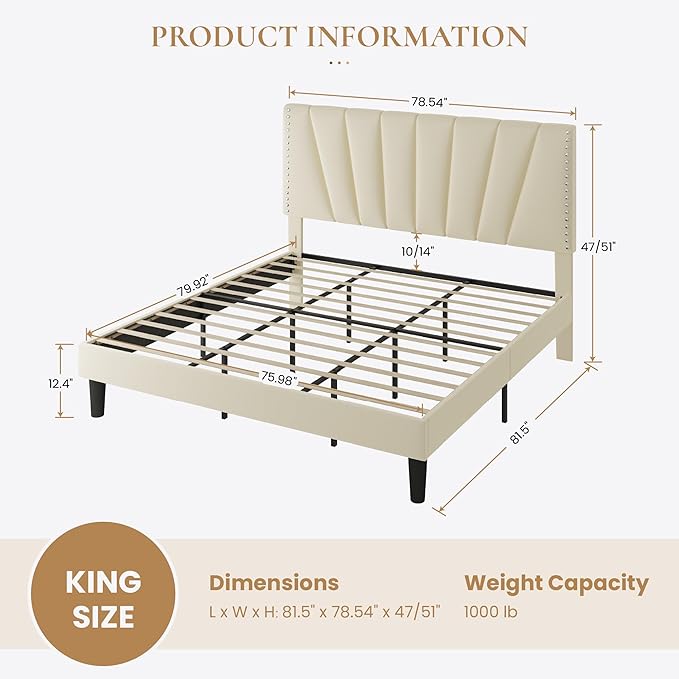 SHA CERLIN King Size Bed Frame with Adjustable Upholstered Velvet Rivets Headboard, Sturdy Wooden Slats, Strong Platform Support for Mattress, No Box Spring Needed, Easy Assembly, Cream