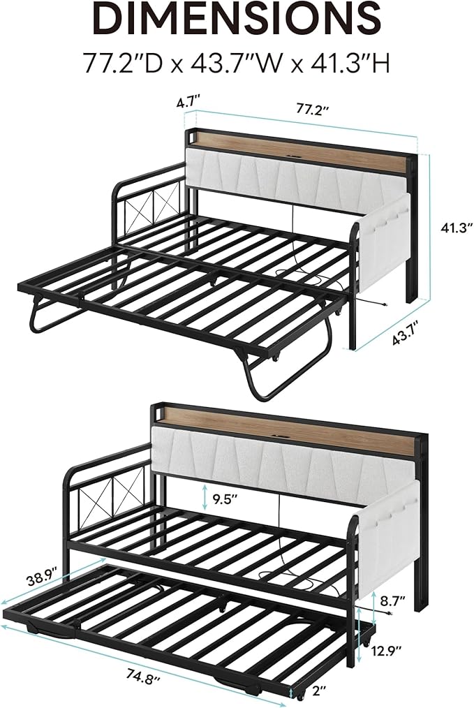 LIKIMIO Twin Daybed, Day Bed with Trundle, Storage Boucle Upholstered Headboard and Charging Station, Trundle Bed with Strong Supports for Living Room, Bedroom, and Guest Room, Cream
