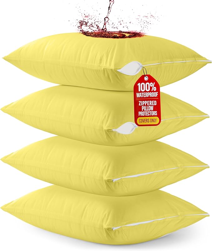 Utopia Bedding Premium 100% Waterproof Pillow Protectors with Zipper Standard Size (Set of 4), Bed Bug and Dust Mite Proof Zippered Pillow Covers, Pillow Encasement Cases, Yellow