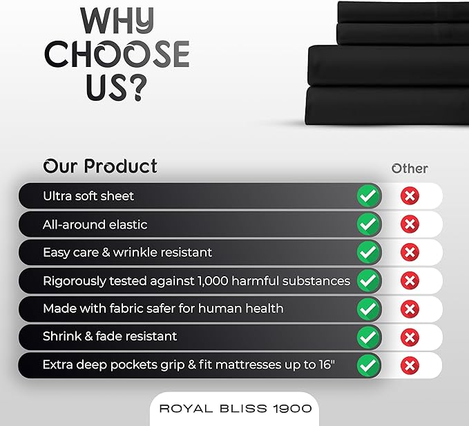 Queen Sheet Set - 4 Piece Bedding - Double Brushed, Deep Pocket, Cooling Queen Size Bedding Set (Black)