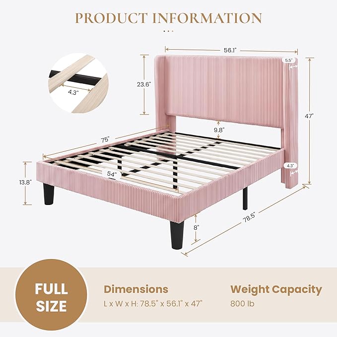 SHA CERLIN Full Size Corduroy Upholstered Platform Bed Frame with Vertical Channel Tufted Wingback Headboard, 8" Under Bed Storage, Wooden Slats & Metal Frame Support, Easy Assembly, Light Pink