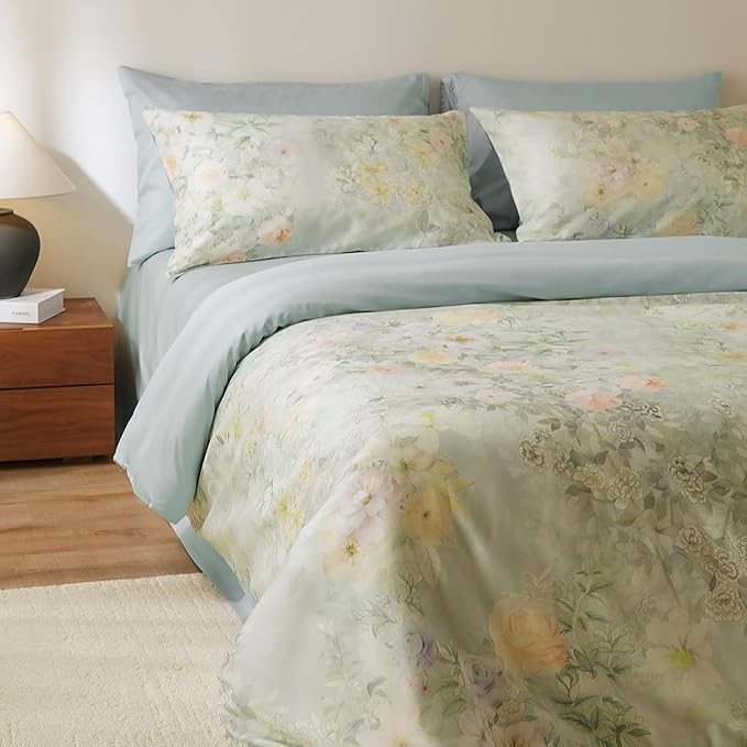 VM VOUGEMARKET French Country Sage Green Duvet Cover Set Queen,Watercolor Floral Print Long Staple Cotton Bedding Set,Shabby Chic Botanical Duvet Cover for Spring & Summer