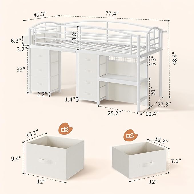 Low Loft Bed Twin Size with 7 Storage Drawers, Desk and LED Lights, Heavy Duty Metal Kids Loft Bed with 12" H Safety Guardrail, Anti-Collision Pad, Private Play Curtain, Under-Bed Play Space - White