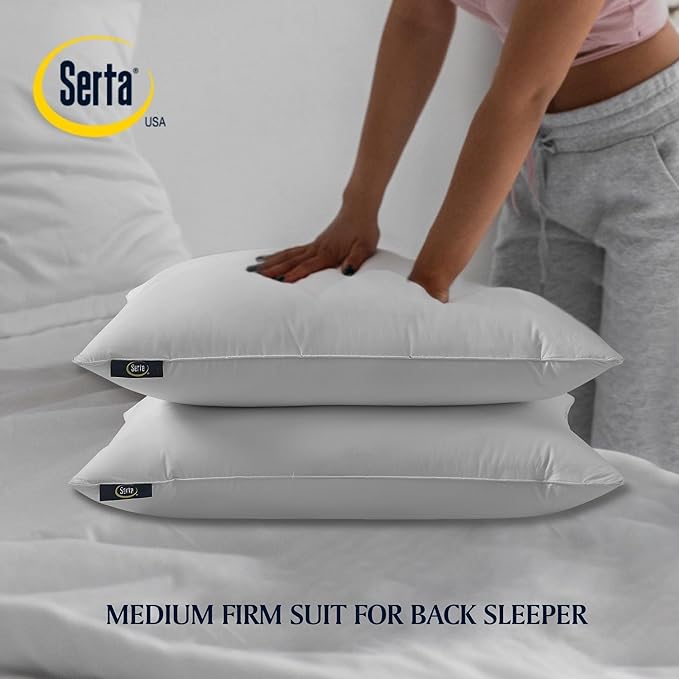 Serta 240Thread Count Soft Hypoallergenic HeiQ Cooling Bed Pillows Set of 2 Pack Feather Down Pillows for Back Sleeper