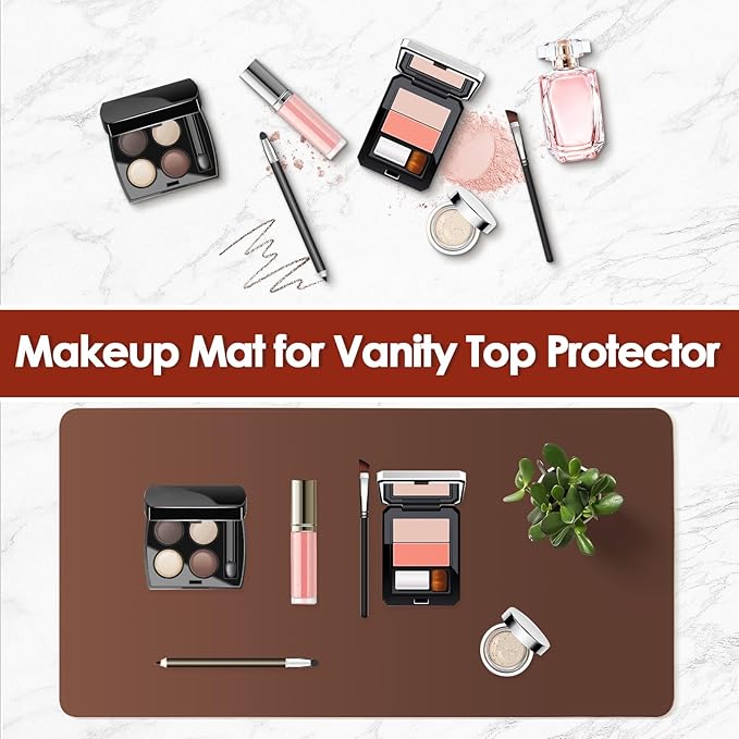 Makeup Mat for Vanity to Protect Desk Top 31.5 x 15.7 in, Dual-Sided Makeup Mat, Easy to Clean Desk Pad - Waterproof and Oilproof Vanity Accessories (Brown and Grey)