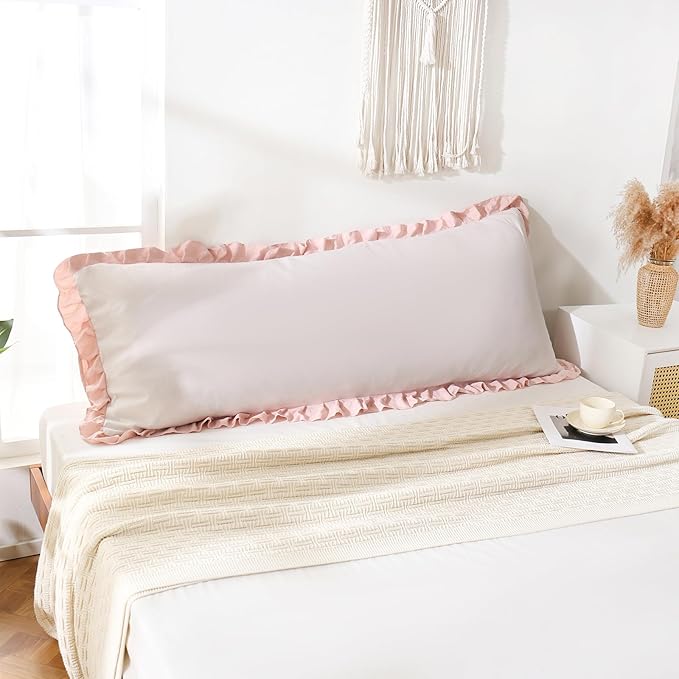 Merryword Beige & Pink Reversible Body Pillow - 20x54inches, Ruffled Long Pillowcase (1 Body)