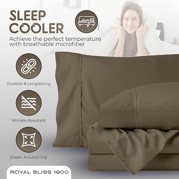 Top Split King Sheets Sets for Adjustable Bed, 4 Pcs Deep Pockets Double Brushed Microfiber Sheets, 34 Inch Split Top Fitted Sheet, 1 King Flat Sheet and 2 Pillowcases - Light Brown