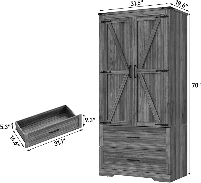 St.Mandyu Farmhouse Wardrobe Armoire Closet with 2 Doors and 2 Drawers, 70.1" Wooden Clothing Storage Cabinet, Freestanding Large Capacity Storage Wardrobe Armoire with Hanging Rod for Bedroom, Grey