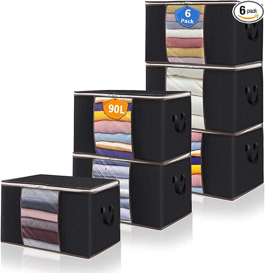 90L Clothes Blanket Storage Bags, 6 Pack Under Bed Storage Bins with Lids, Foldable Closet Organizer with Reinforced Handles for Clothing, Blanket, Comforters, Bed Sheets, Pillows and Toys, Black