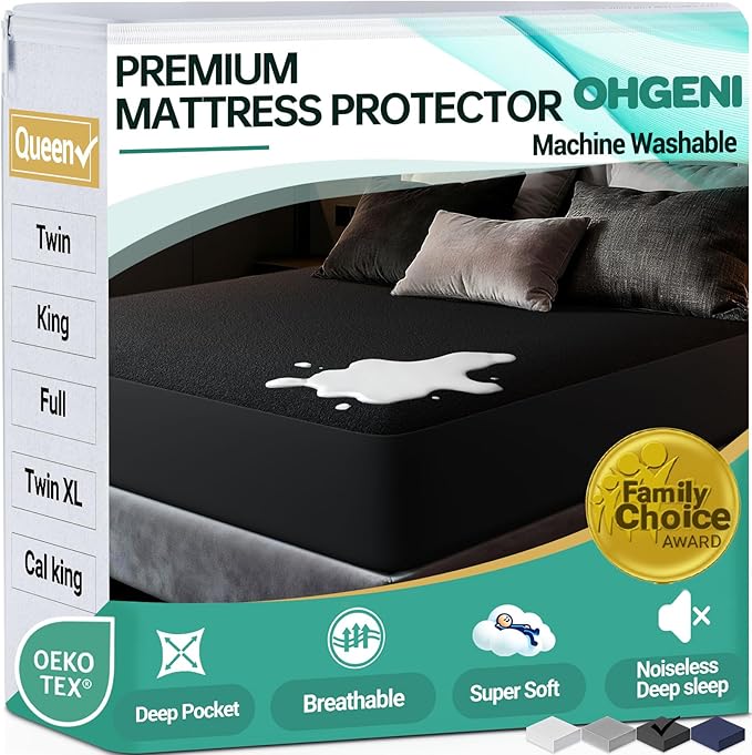 OhGeni 100% Waterproof Mattress Protector, Queen Black Size, Fitted Sheet with Deep Pockets, 6''-18'', Premium Noiseless Breathable Soft Material, Mattresses Cover for Bed