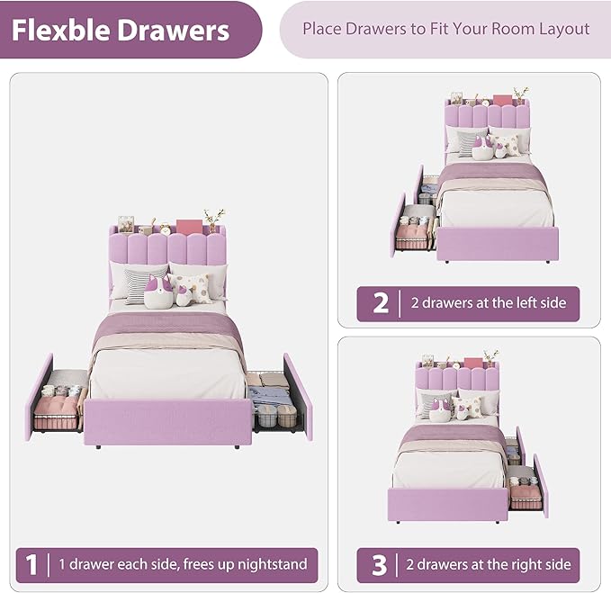 Garvee LED Twin Size Bed Frame with Storage Headboard, Kids Bed Frame with 2 Drawers, Boucle Upholstered Platform Bed for Girls, Chic Wavy Headboard with Bookcase, No Box Spring Needed, Purple