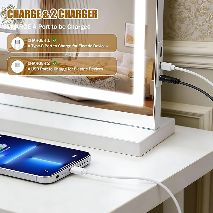 Vanity Mirror with Lights 32"x22", LED Makeup Mirror, 3 Color Lighting Modes, 10X Magnification, Smart Touch Control, Dimmable, Aluminum Metal Frame, Lighted Up for Vanity Desk (White)
