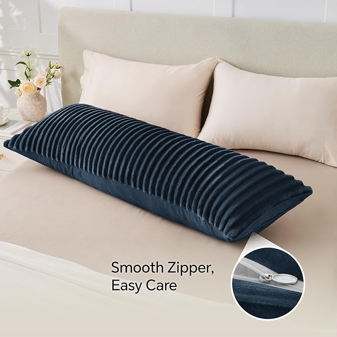 BEDELITE Fluffy Faux Fur Body Pillow Cover with Zipper, Luxury Plush 3D Striped Pillow Cover 20x54 Inches, Super Soft and Cozy Long Body Pillow Pillowcase for Bed Sofa Couch Room Decor(Navy Blue)