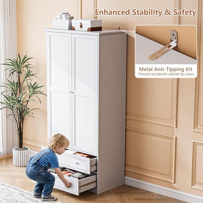 VINGLI Wardrobe Closet with 2 Doors and 2 Drawers, 72" H Wardrobe Cabinet Closet, Freestanding Clothing Storage Cabinet, Wooden White Bedroom Armoire, Combination for Hanging Clothes