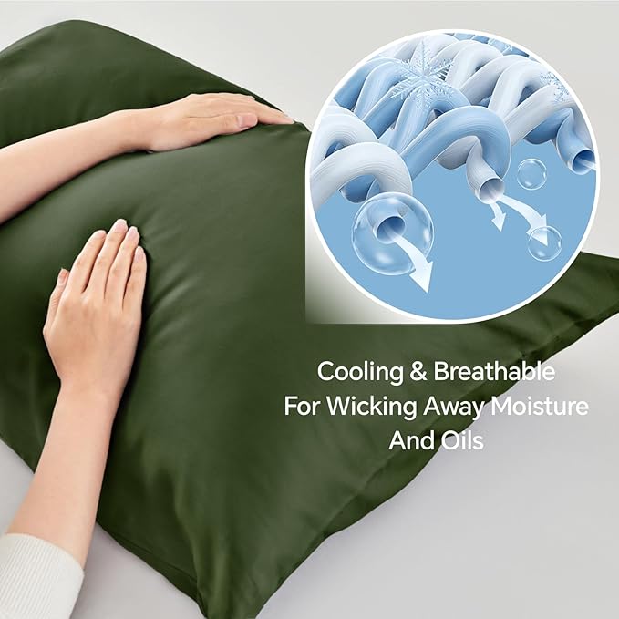 BEDELITE Standard Pillow Cases Set of 2, Rayon Derived from Bamboo, Cooling Pillow Cases for Hot Sleepers & Night Sweats, Breathable Silky Soft Envelope Pillowcases(Olive Green, 20"x26")