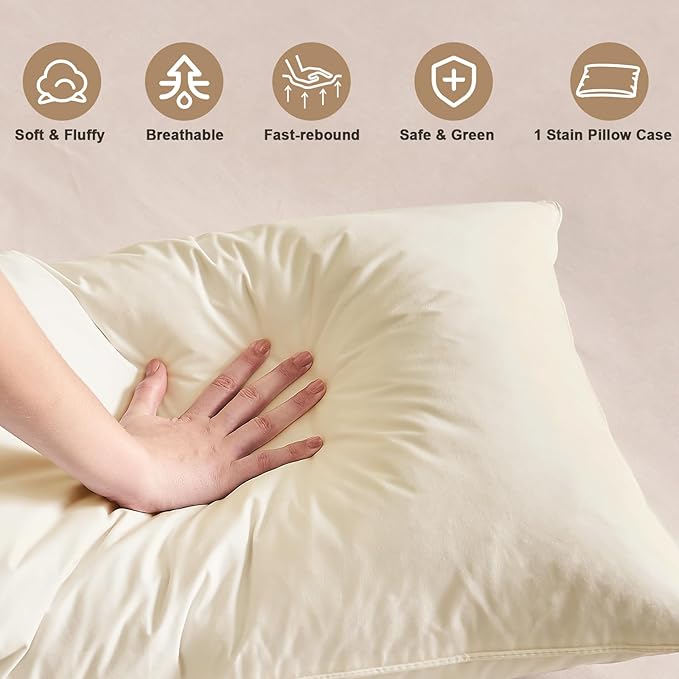 BHZ Beige Satin Goose Down Feather Pillows Standard Size with Pillowcase for Hair and Skin, Cooling Pillow Cases Similar to Silk Pillow Cases, Decorative for Women, Mom Men