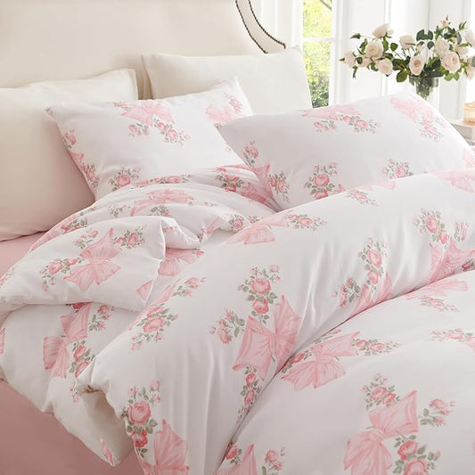 Nayoroom Pink Bow Duvet Cover Queen Size Coquette Pink Floral Duvet Cover 3 Pieces Soft Lightweight Microfiber Girls Cute Aesthetic Dorm Bedding Set