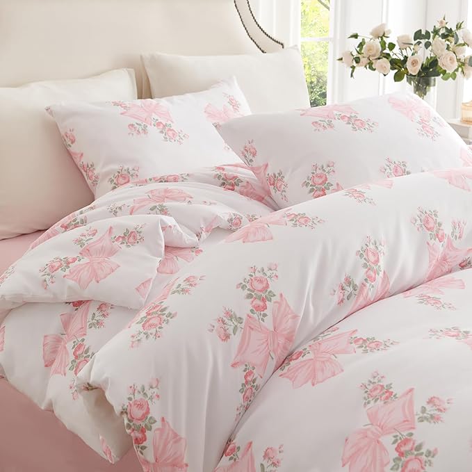 Nayoroom Pink Bow Duvet Cover Full Size Coquette Pink Floral Duvet Cover 3 Pieces Soft Lightweight Microfiber Girls Cute Aesthetic Dorm Bedding Set