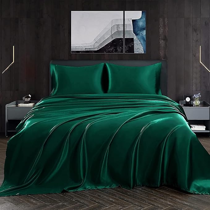Homiest 3pcs Satin Sheets Set Luxury Silky Satin Bedding Set with Deep Pocket, 1 Fitted Sheet + 1 Flat Sheet + 1 Pillowcase (Twin XL Size, Blackish Green)