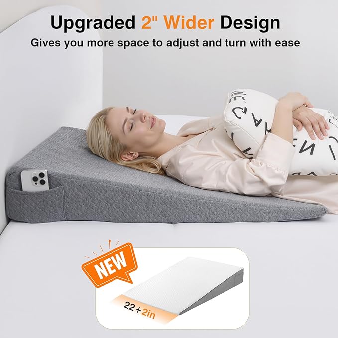 Vekkia 34" Extra-Long Wedge Pillow, Back & Arm Support, Bed Wedge Pillow for Sleeping After Surgery, Acid Reflux, Snoring Relief, Removable Washable Cover & Double Side Pockets, 5.5" Height, Gray