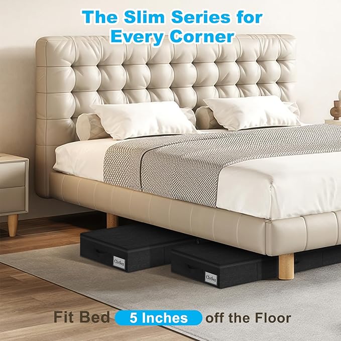 Under Bed Storage Container Bins 4 Pack, 5 Inch Thin Low Profile Underbed Clothes Storage Organizer for Dorm & Home, Use for Blanket and Toy Storage Box W/ Sturdy Bottom/Sides, Foldable Thick Fabric