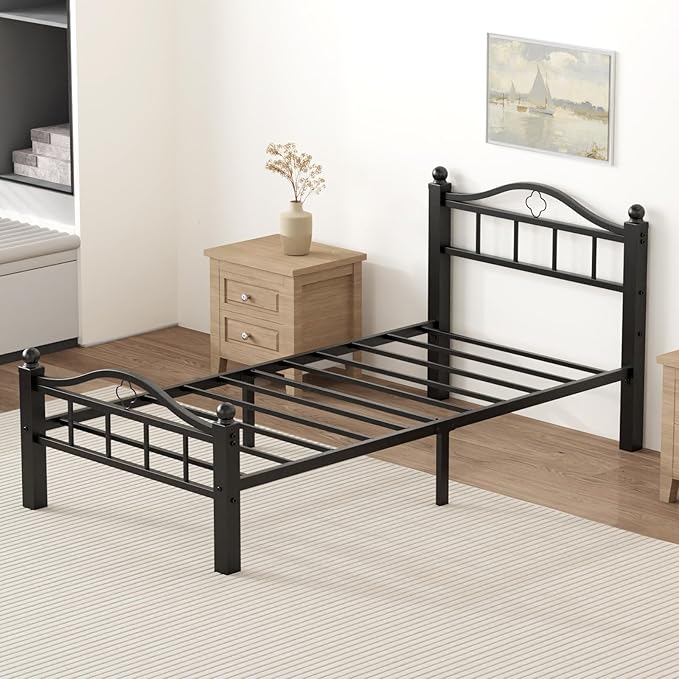 Metal Twin XL Bed Frame, Black, No Squeak Heavy-Duty 1500lbs Support & 12" Clearance Storage Tool-Free Setup in 30 Mins No Box Spring Needed