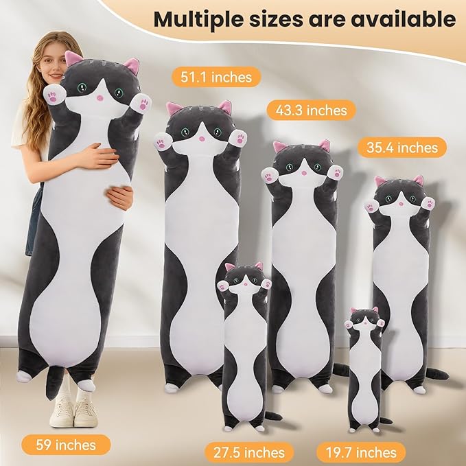 Cute Cat Plush Long Body Pillow – Soft Cartoon Stuffed Animal Doll, Kawaii Cat Plushie Cuddle Toy for Kids, Girls & Girlfriend (Black, 19.7 Inch)
