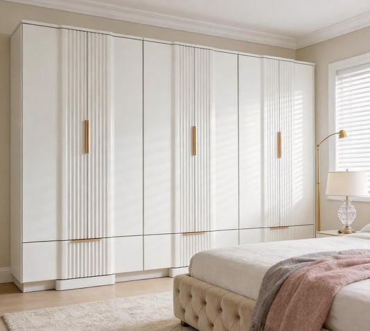 Brafab 67" Fluted Armoire Wardrobe Closet with Drawers and Doors, Wooden Wardrobe Cabinet with Adjustable Shelves, Modern Storage for Clothes, Wardrobe Wall for Bedroom, White(3 pcs)