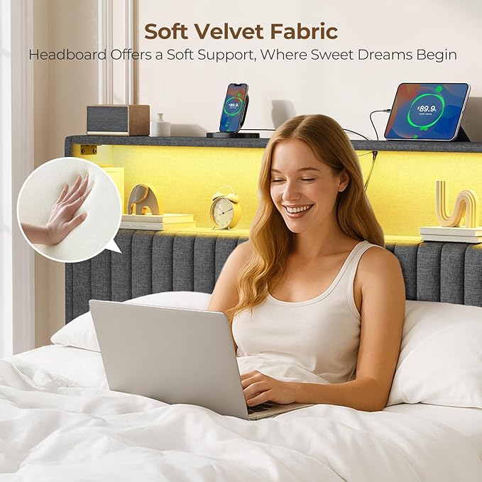 Rolanstar Headboard for Full Size Bed with Storage, Head Board with USB & Type C Port, 60,000 DIY Color of LED Light, Velvet Upholstered, Height Adjustable, Sturdy, Easy Assembly, Grey