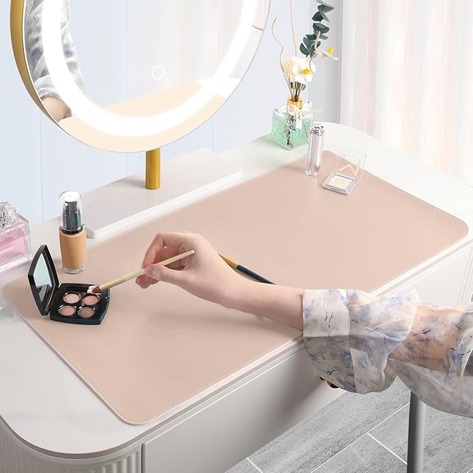Makeup Mat for Vanity to Protect Desk Top, Dual-Sided Makeup Mat, Easy to Clean Desk Pad - Waterproof and Oilproof Vanity Accessories, 31.5 x 15.7 in (Khaki and White)