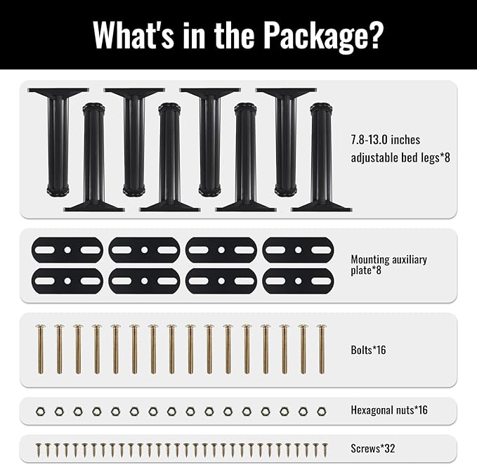 YHK 8PCS Adjustable Height Bed Support Legs 7.8-13.0inch, Heavy Duty Bed Frame Support Legs for Bed Slat and Frame, Plastic Bed Frame Support Replacement Bed Support Reinforcement Parts