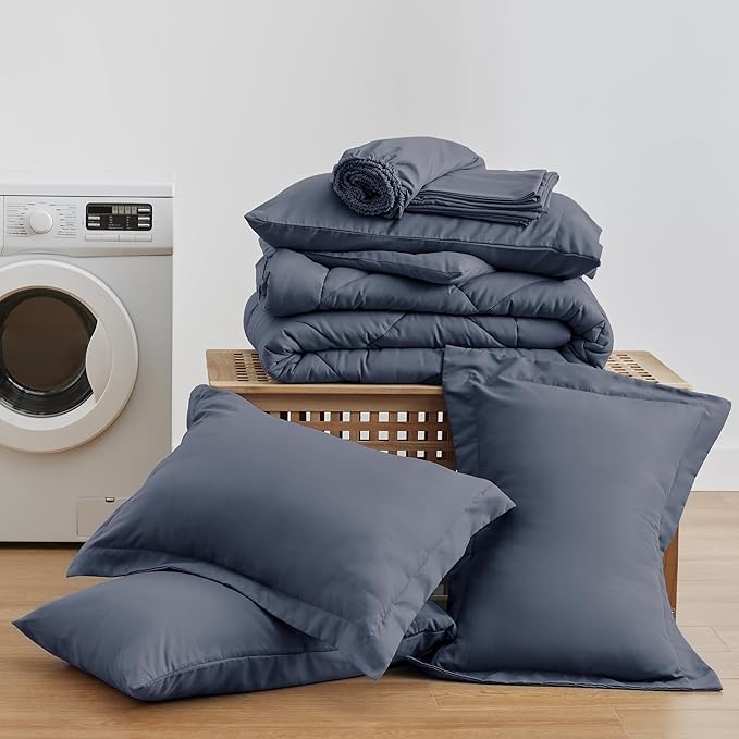 Love's cabin California King Comforter Set Navy Blue, 7 Pieces California King Bed in a Bag, All Season Bedding Sets with 1 Comforter, 1 Flat Sheet, 1 Fitted Sheet, 2 Pillowcase and 2 Pillow Sham | Soft, Breathable, Lightweight, Comfortable