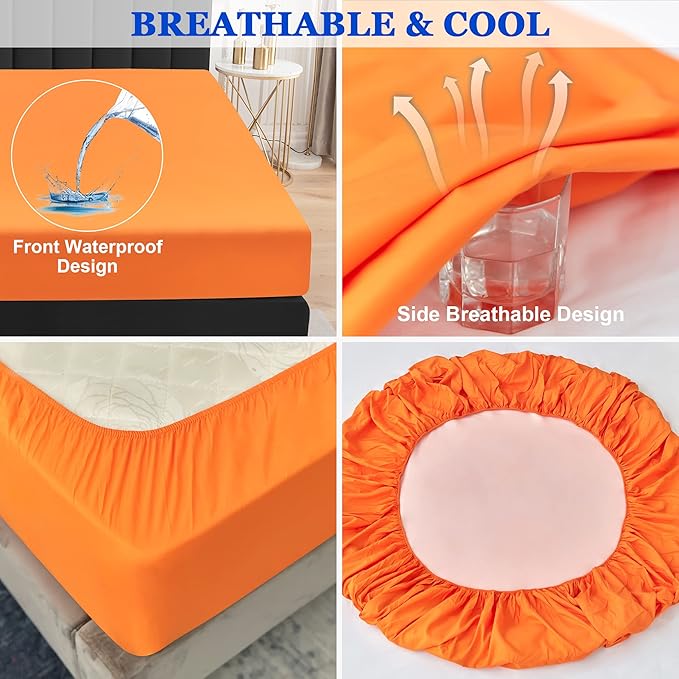 Sufdari Mattress Protector,Waterproof Mattress Cover Queen,18" Deep Pocket Mattress Protector,Fitted Sheet Style with Elastic Rubber Band,Washable and Easy Care-Orange,Queen