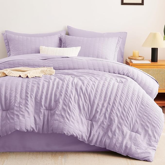 CozyLux Full Size Comforter Sets with Sheets 7 Pieces, Light Purple Seersucker Bed in a Bag Textured Luxury Soft Bedding Sets with Down Alternative Comforter, Sheets, Pillowcases & Shams, Lavender
