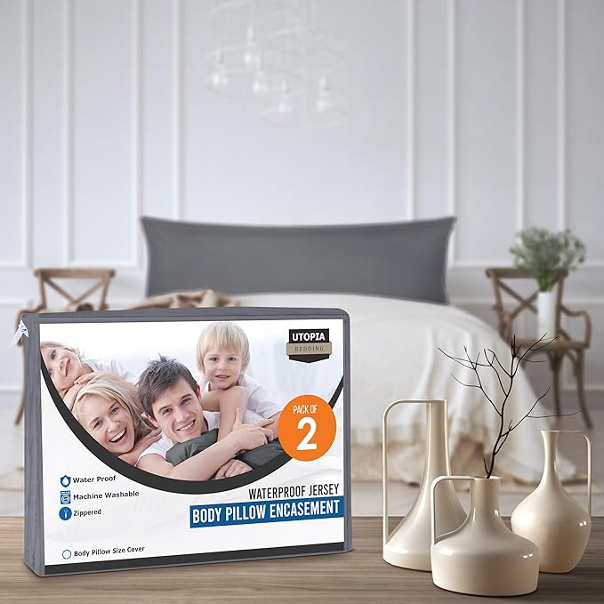 Utopia Bedding Premium 100% Waterproof Pillow Protectors with Zipper Body Size (Set of 2), Bed Bug and Dust Mite Proof Zippered Pillow Covers, Pillow Encasement Cases, Gray