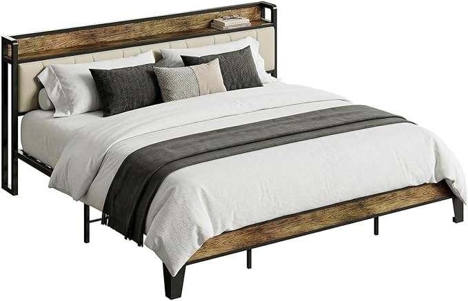 LIKIMIO California King Bed Frame, Storage Headboard with Charging Station, Solid and Stable, Noise Free, No Box Spring Needed, Easy Assembly (Walnut and Beige)
