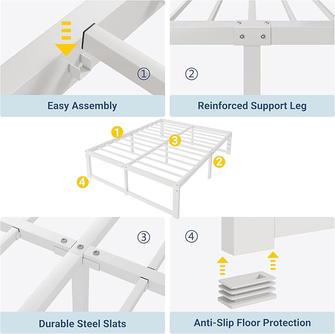 Allewie Full Size Bed Frame, 14 Inch Metal Platform Bed Frame with 4000LBS Heavy Duty Steel Slats Support, Noise Free, Easy Assembly, No Box Spring Needed, White