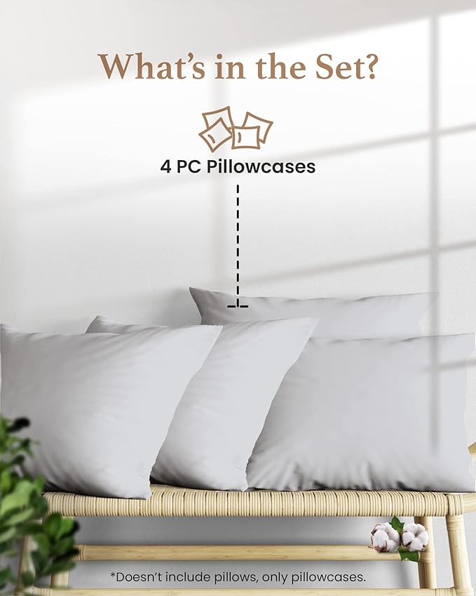 1000 TC Light Gray King Pillowcases Set of 4 100% Egyptian Cotton Pillow Cases with Long Staple Cotton & Sateen Weave, Silky Soft Hotel - Like Bed Pillow Covers for Comfy Sleeping, Snug Fit