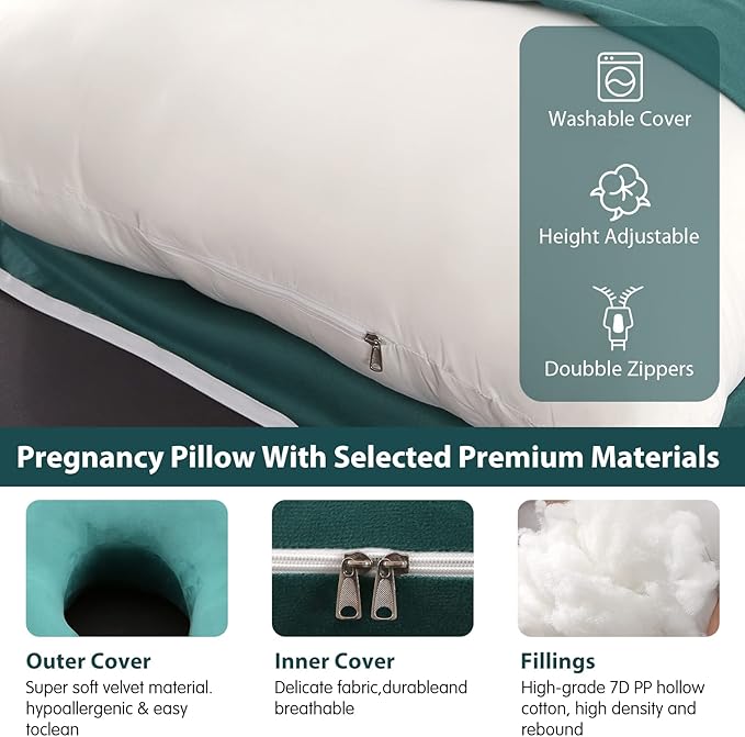 U-Shaped Full Body Pregnancy Pillow for Sleeping – 57" Maternity Pillow with Removable Cover, Support for Back, Legs, Belly & Hips (Velvet-Forest Green)