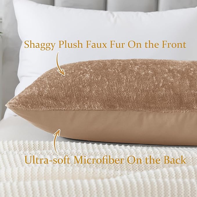 Whatsbedding Sherpa Body Pillow Cover, Ultra Soft Faux Fur Body Pillowcase, Luxury Shaggy Plush Long Pillowcase, Envelope Closure - Khaki (20x54 inch)