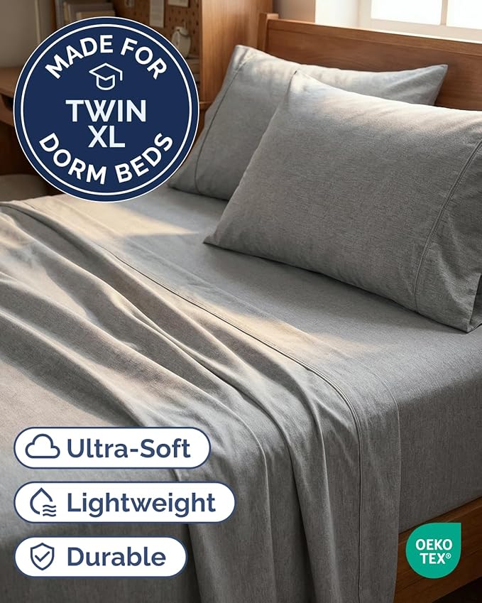 Twin XL 4 Piece Sheet Set - Comfy, Breathable & Cooling - Soft Hotel Luxury Bedding for Women, Men, Kids, Teens & Children - 1 Flat & 1 Fitted Sheet & 2 Pillowcases w/ Deep Pockets - Heathered Grey