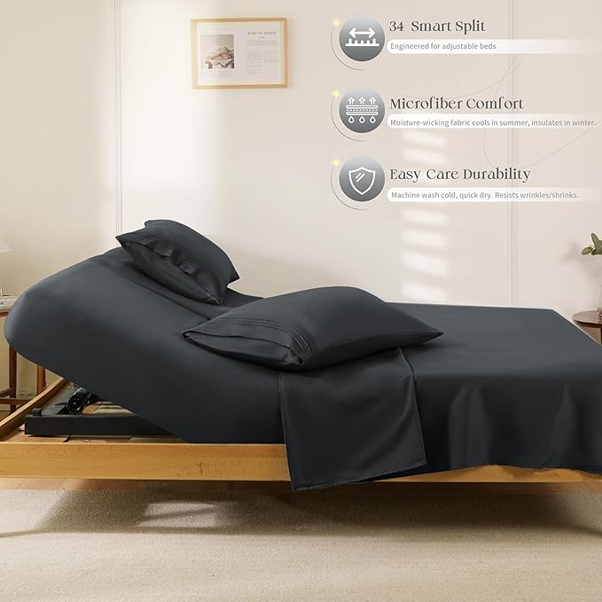 Manyshofu 4 Piece Split Head King Sheets Sets for Adjustable Bed Sheet, Flex Head Split Top King Sheets Black Sheet Set - 1800 Thread Count Bedding Set with 14-16 Inch Deep Pockets